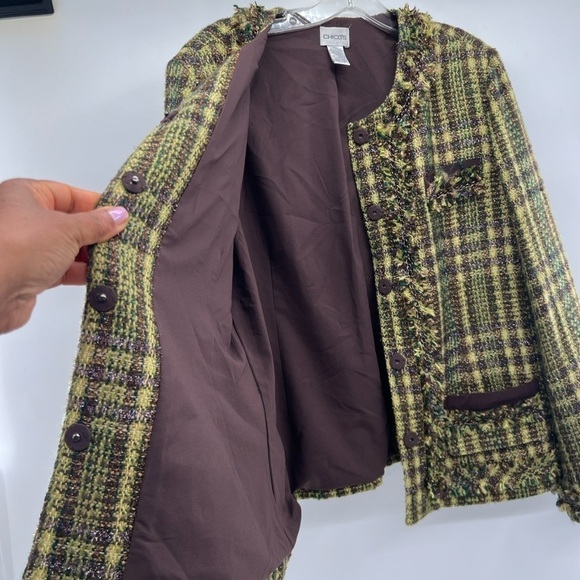 Chico’s blazer size L 12 green brown plaid tweed metallic jacket (Chico’s 2) - Picture 2 of 13